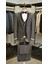 Erkek Smokin Damatlık Kırlangıç Yaka Italyan Stil Slim Fit Ceket Yelek Pantolon Papyon-Gri 1