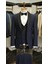 Erkek Smokin Damatlık Simli Şal Yaka Italyan Stil Slim Fit Ceket Yelek Pantolon Papyon-Lacivert 1