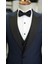 Erkek Smokin Damatlık Kırlangıç Yaka Italyan Stil Slim Fit Ceket Yelek Pantolon Papyon-Lacivert 3
