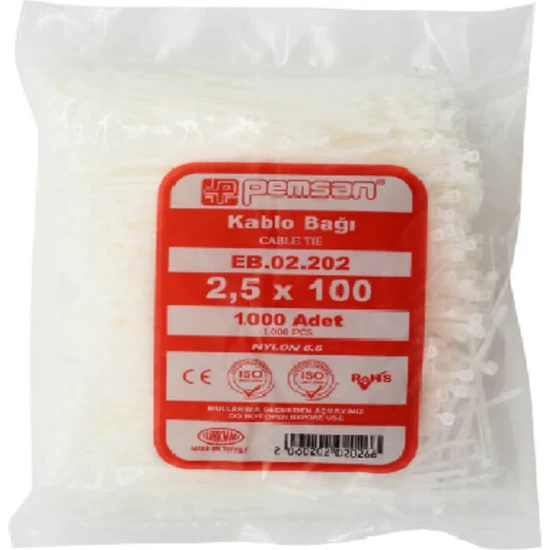 Pemsan - 1000 Adet -10CM x 2,5mm Plastik Cırt Kelepçe - Kablo Bağı - Saydam - Beyaz Kablo Klipsi - 1 Paket (1000 Adet)
