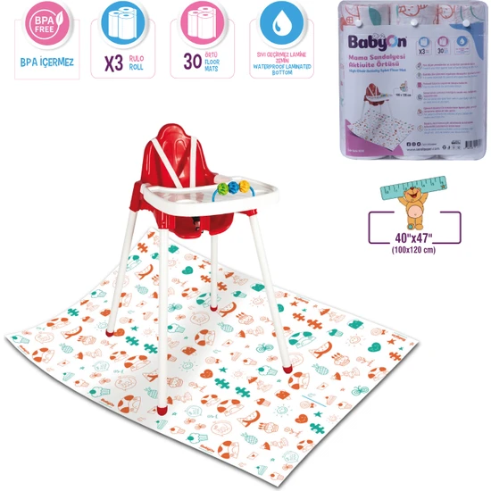 Baby OnMama Sandalyesi Altı Ve Aktivite Örtüsü | 100x120 Cm | 3'lü Paket | 30 Adet | Kullan At | Love Desen