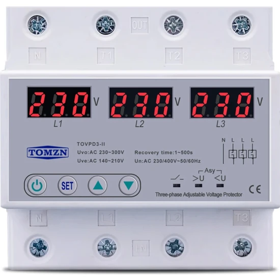 Tomzn Voltaj Koruma Rölesi Yıldırım Koruyucu 220V 63A 3 Fazlı - Ev Tipi Gerilim Koruyucu Röle