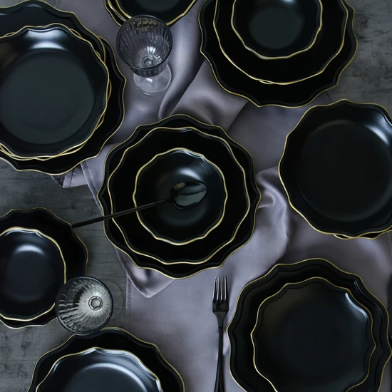 Keramika Mat Siyah Gold Fileli Romeo Yemek Takımı 24 Parça 6 Kişilik