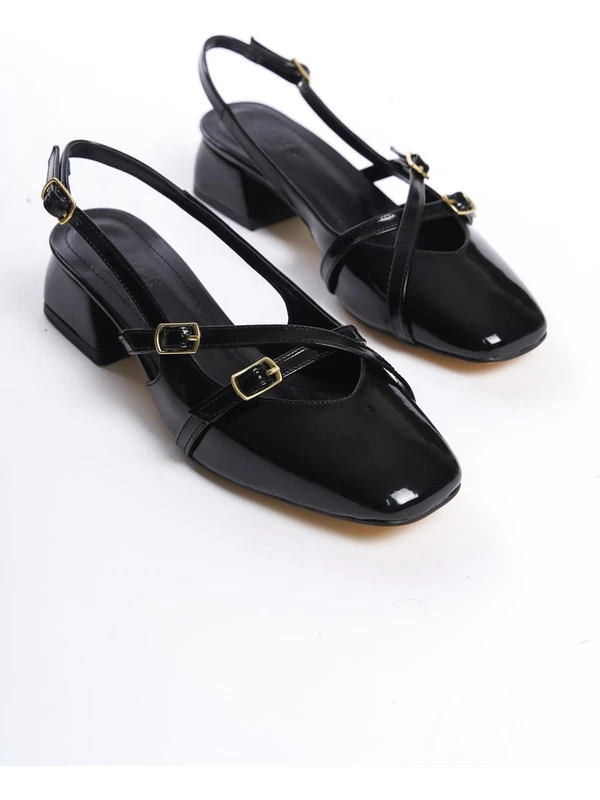 Bak Store Mary Jane Siyah Rugan Arkası Açık Küt Burunlu Baretli Kısa Topuklu Ayakkabı