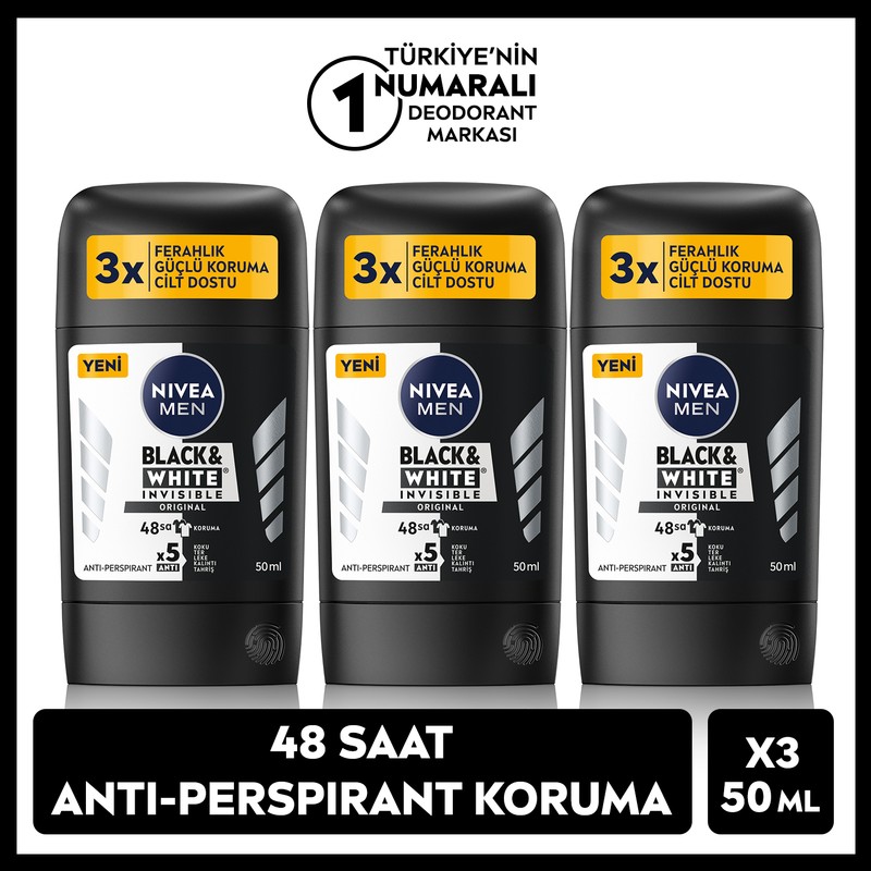 Nivea Men Erkek Stick Deodorant Black & White Original 50 ml, 48 Saat Koruma, X3 Adet