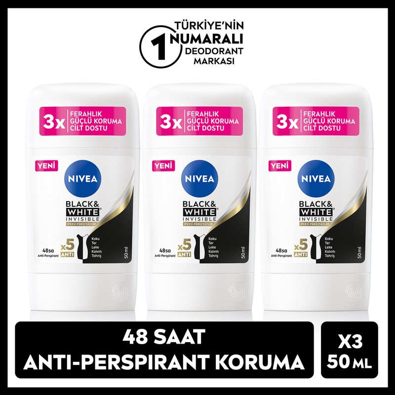 Nivea Kadın Stick Deodorant Black&White 50ml, Ter Kokusuna Karşı 48 Saat Koruma, X3 Adet