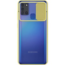 KZY Samsung Galaxy A21S Kapak Lensi Açılır Kapanır Kamera Korumalı Silikon Kılıf Sarı