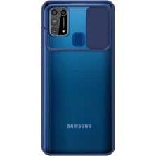 KZY Samsung Galaxy M31 Kapak Lensi Açılır Kapanır Kamera Korumalı Silikon Kılıf Lacivert