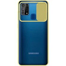 KZY Samsung Galaxy M31 Kapak Lensi Açılır Kapanır Kamera Korumalı Silikon Kılıf Sarı