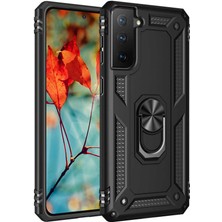 Tekno Grup Samsung Galaxy S21 Plus Kılıf Çift Katmanlı Yüzüklü Manyetik Vega Kapak + Tam Kaplayan 6d Polymer Nano Ekran Koruyucu Siyah