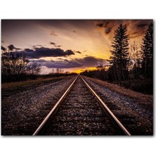 Caka Tablo Ahşap Tablo Demir Yolu Gün Batımı Bulut Ağaçlar