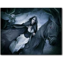 Caka Tablo Ahşap Tablo Siyah Atlı Gotik Kız ve Baykuş