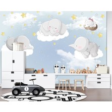 Özel Duvarlar Gökyüzünde Bulutlar Üzerinde Uyuyan Sevimli Filler Duvar Kağıdı