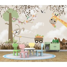 Özel Duvarlar Sevimli Tavşan ve Zürafa Çocuk Odası Duvar Kağıdı