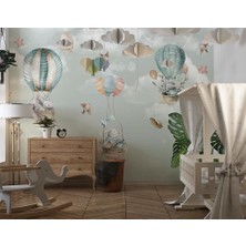 Özel Duvarlar Sevimli Tavşanlar Gökyüzünde Su Yeşili Çocuk Odası Duvar Kağıdı