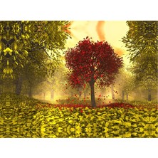 Tablosan Kırmızı Yaprakli Ağaçlar Kanvas Tablo