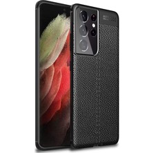 Smcase Samsung Galaxy S21 Ultra 5g Kılıf Niss Deri Görünümlü Silikon+Full Ekran Koruyucu Siyah