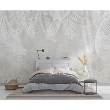 Özel Duvarlar Gri Zemin Üzerinde Beyaz Tropikal Yapraklar Duvar Kağıdı