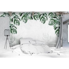 Özel Duvarlar Gri Zemin Üzerinde Tropikal Yapraklar Duvar Kağıdı