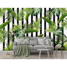 Özel Duvarlar Siyah Beyaz Çizgili Zemin Tropikal Yapraklar Duvar Kağıdı