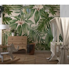 Özel Duvarlar Yeşil Tropik Yapraklar ve Çiçekler Duvar Kağıdı