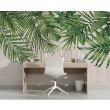 Özel Duvarlar Ahşap Zemin Üzerindeki Tropikal Yapraklar Duvar Kağıdı