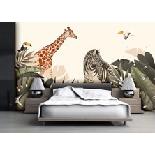 Özel Duvarlar Tropikal Yapraklar Arasında Zürafa ve Zebra Duvar Kağıdı