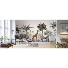 Özel Duvarlar Tropikal Yapraklar  Zebra Fil Zürafa Hayvanlar Duvar Kağıdı