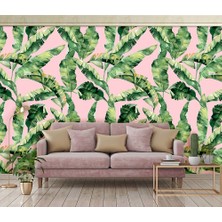 Özel Duvarlar Pembe Zemin Yeşil Tropikal Yapraklar Duvar Kağıdı