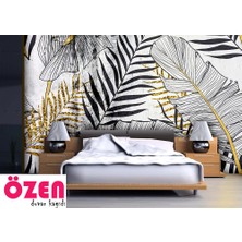 Özel Duvarlar Siyah - Beyaz - Gri Tropikal Yapraklar duvar Kağıdı
