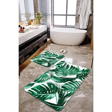 Talia Home Yeşil Yaprak Desenli 2'li Banyo Paspas Seti TLAHMP-244