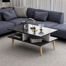 Dekorosso Ahşap Ayaklı Modern Dekoratif Orta Sehpa 90 cm Beyaz- Siyah Mermer Desen
