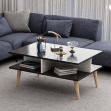 Dekorosso Ahşap Ayaklı Modern Dekoratif Orta Sehpa 90 cm Beyaz- Siyah Mermer Desen