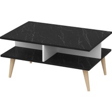 Dekorosso Ahşap Ayaklı Modern Dekoratif Orta Sehpa 90 cm Beyaz- Siyah Mermer Desen