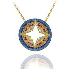 Renkli Taşlı Nazar Boncuklu Yuvarlak Kuzey Yıldızı Gümüş Kolye