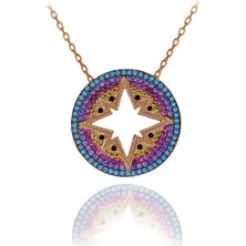 Renkli Taşlı Nazar Boncuklu Yuvarlak Kuzey Yıldızı Gümüş Kolye