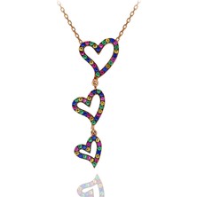 Renkli Taşlı Sallantılı 3 Lü Kalp Gümüş Kolye