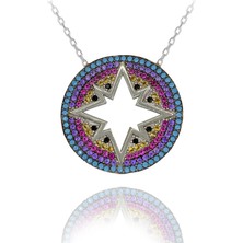 Renkli Taşlı Nazar Boncuklu Yuvarlak Kuzey Yıldızı Gümüş Kolye