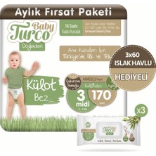 Baby Turco Doğadan Külot Bez 3 Numara Midi 170 Adet + 3X60 Doğadan Islak Havlu Hediyeli