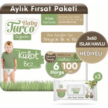 Baby Turco Doğadan Külot Bez 6 Numara Xlarge 100 Adet + 3X60 Doğadan Islak Havlu Hediyeli