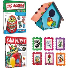 Kumtoys Taş Boyama Kuş Evi + Cam Vitray + Etamin Sanatı 4'lü Set