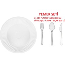 Sos Tedarik Yemek Seti - 21 cm Plastik Tabak 100 Adet - Lüx Çatal Kaşık Bıçak 100 Er Adet