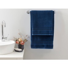 English Home Romantic Stripe Floşlu Banyo Havlusu Takımı 50 x 85CM + 70 x 150CM Lacivert