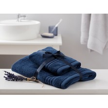 English Home Romantic Stripe Floşlu Banyo Havlusu Takımı 50 x 85CM + 70 x 150CM Lacivert