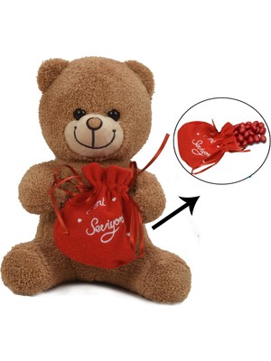 Sole Sevgiliye Özel, Elinde Badem Şekeri Kesesi ile Peluş Boz Ayıcık-30 cm