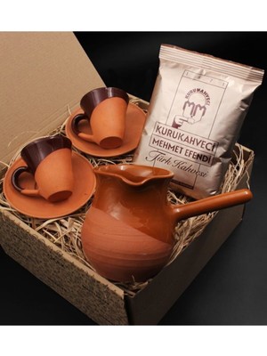 Ege Çömlek Toprak Kahverengi Sırlı El Yapımı 2'Li Türk Kahvesi Fincan Takımı & Toprak Cezve & Türk Kahve Hediye Seti