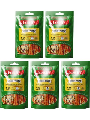 Freshy Chicky Twists 5 Paketlik Set - 50 Adet Tavuk Eti Kaplı Burgu Çiğneme Çubuğu Sağlıklı ve Lezzetli