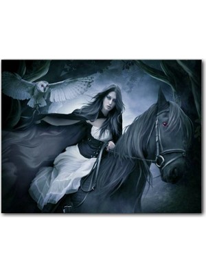 Caka Tablo Ahşap Tablo Siyah Atlı Gotik Kız ve Baykuş