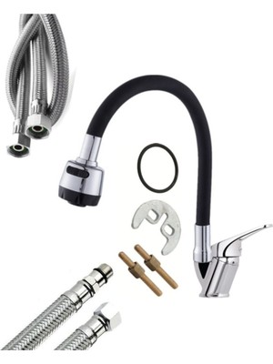 Armilla Armatür Siyah Yağmurlama Fonksiyonlu Esnek Hareketli Borulu Mutfak Eviye Musluğu Çeşmesi Bataryası