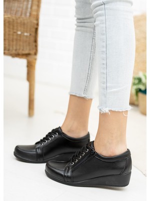 Epaavm Fermuarlı Bağcıklı Pedli Siyah Cilt Ayakkabı